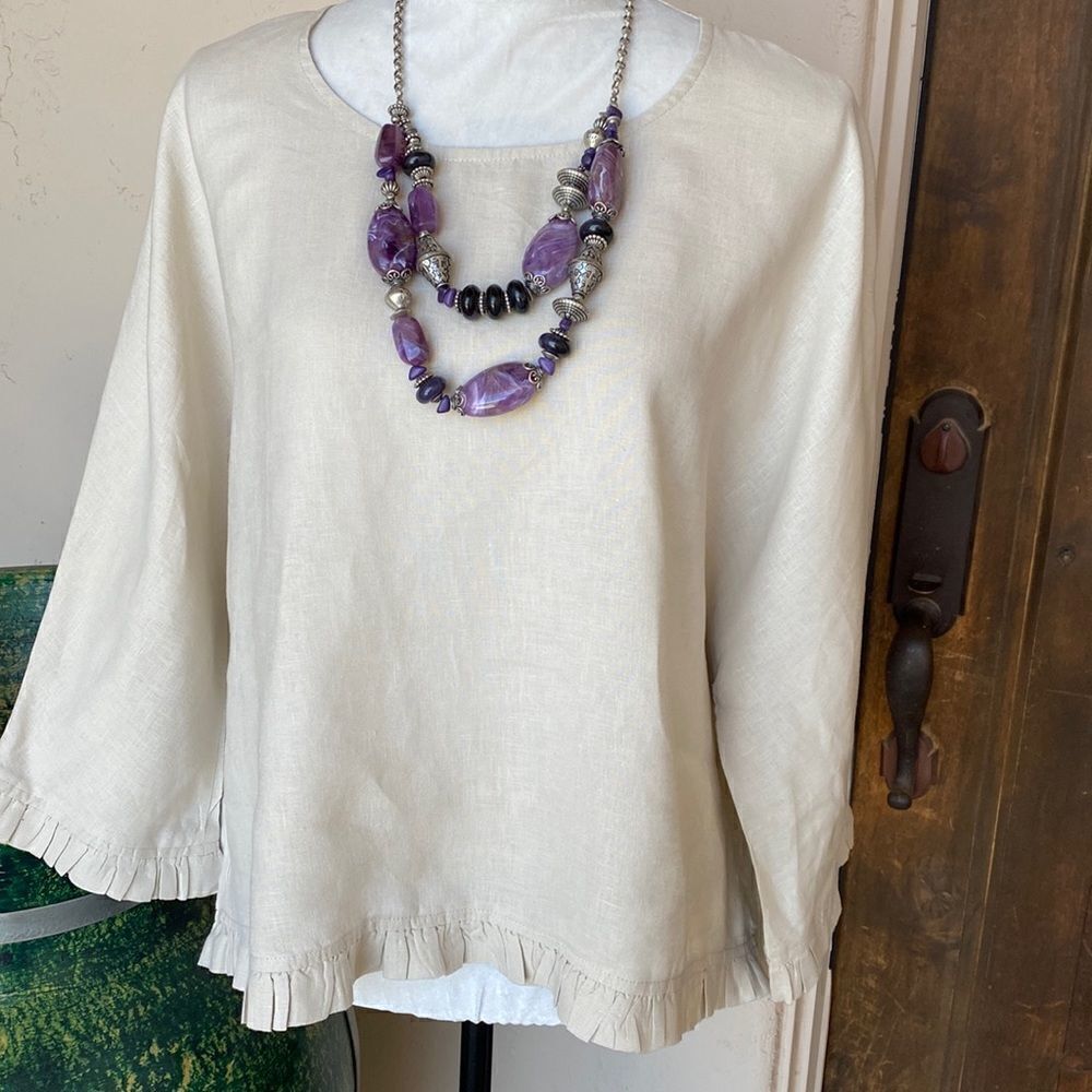 For Cynthia Cream Linen Ruffle-Hem Tunic with Purple Necklace